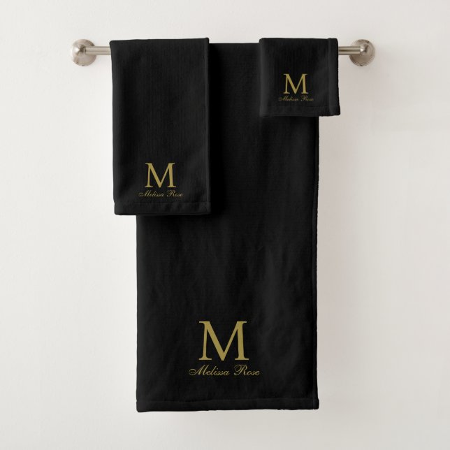 Monogram Initial Name Elegant Gold Black Bath Towel Set (Insitu)