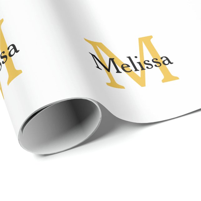 Monogram Initial Name Gold Black White Custom Wrapping Paper (Roll Corner)
