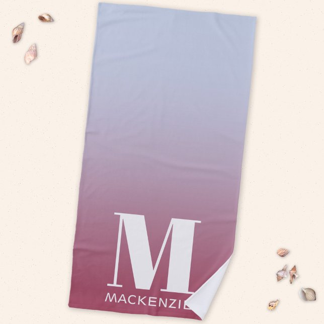 Monogram Initial Name Gradient Pink Blue Beach Towel (Modern monogram initial personalized pink blue gradient  beach towel)