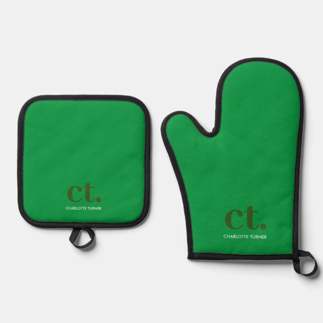 Monogram Initial Name Green Oven Mitt & Pot Holder Set (Front)