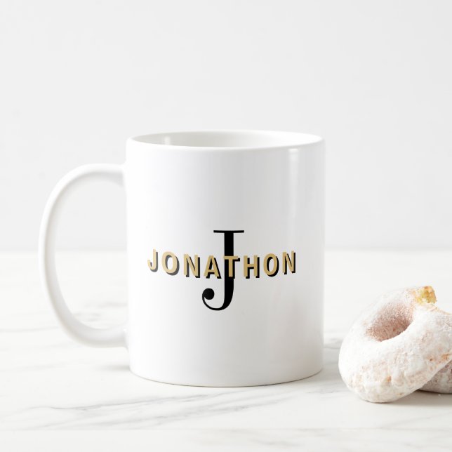 Monogram Initial Name Masculine Text Black Gold Coffee Mug (With Donut)