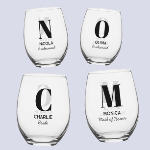 Monogram Initial Name Personalised Wedding Party Stemless Wine Glass