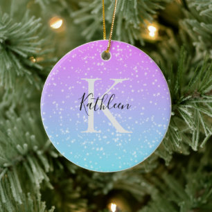 Monogram Initial Name Pink Blue Sparkle Ombre Ceramic Tree Decoration