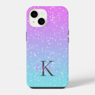 Monogram Initial Name Pink Blue Sparkle Ombre iPhone 14 Case