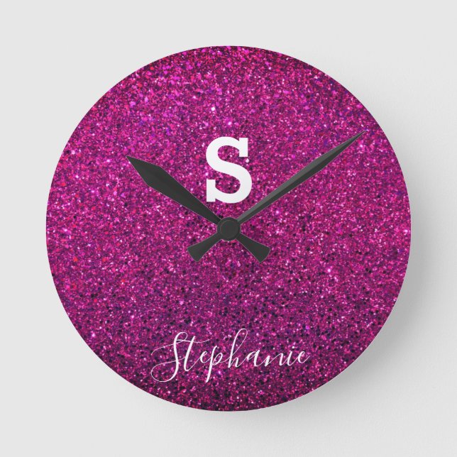 Monogram Initial Name Purple Pink Glitter Modern Round Clock (Front)