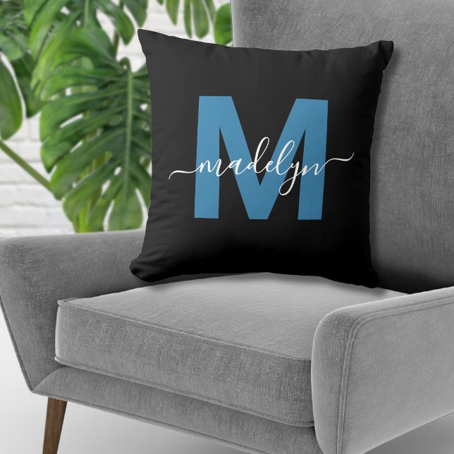 Monogram Initial Name Script Blue Cushion (Monogram Initial Name Script Blue Throw Pillow)