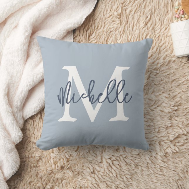 Monogram Initial Name Script Dusty Blue Cushion (Blanket)