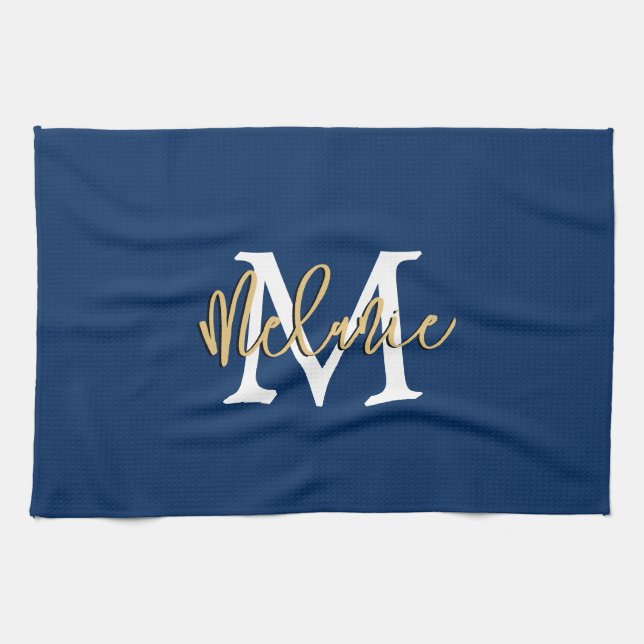 Monogram Initial Name Script Navy White Gold Tea Towel (Horizontal)