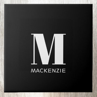 Monogram Initial Name Simple Black and White Tile