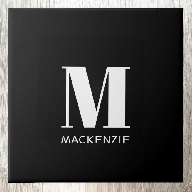 Monogram Initial Name Simple Black and White Tile (Simple personalized monogram initial name black and white ceramic tile)