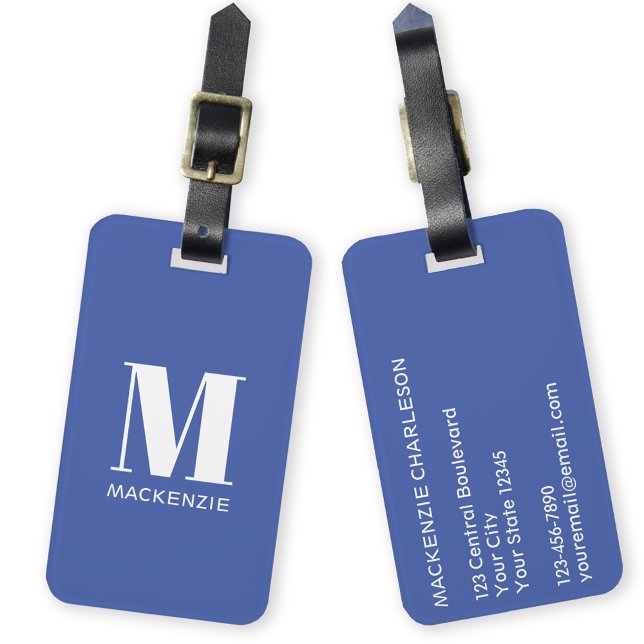 Monogram Initial Name Simple Blue Luggage Tag (Monogram initial custom name modern personalized minimalist luggage tag)