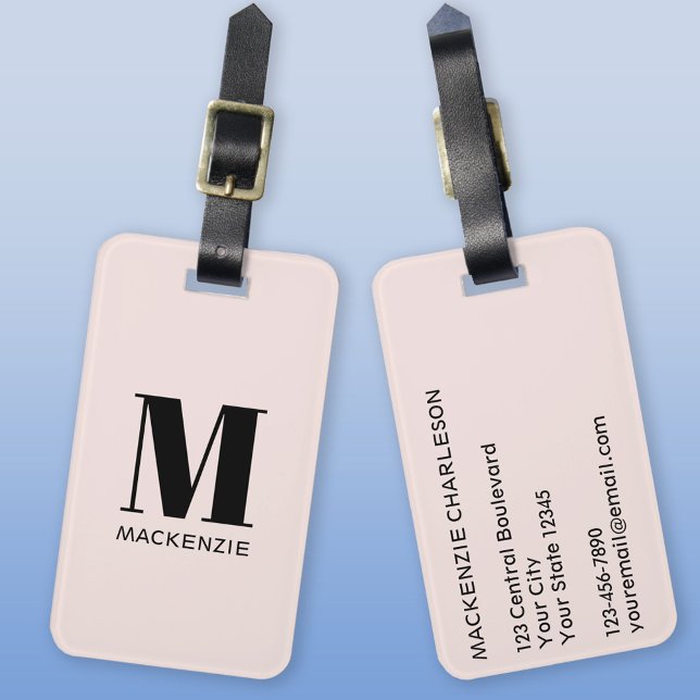 Monogram Initial Name Simple Blush Pink Luggage Tag (Monogram initial custom name modern personalized minimalist luggage tag)