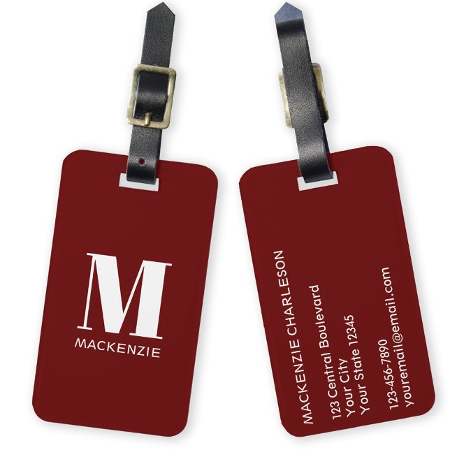 Monogram Initial Name Simple Burgundy Luggage Tag (Monogram initial custom name modern personalized minimalist luggage tag
)