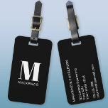 Monogram Initial Name Simple Luggage Tag<br><div class="desc">Modern typography minimalist monogram initial name design in white on black which can be changed to personalise.</div>