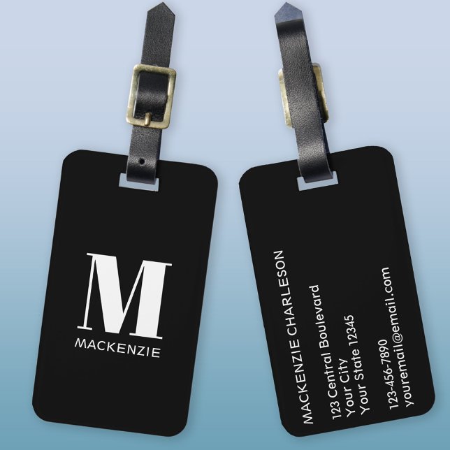 Monogram Initial Name Simple Luggage Tag (Simple monogram name personalized black and white luggage tag)