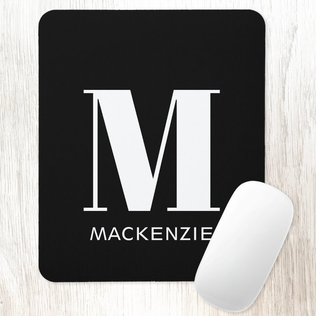 Monogram Initial Name Simple Mouse Mat (Personalized monogram initial name white on black mousemat)