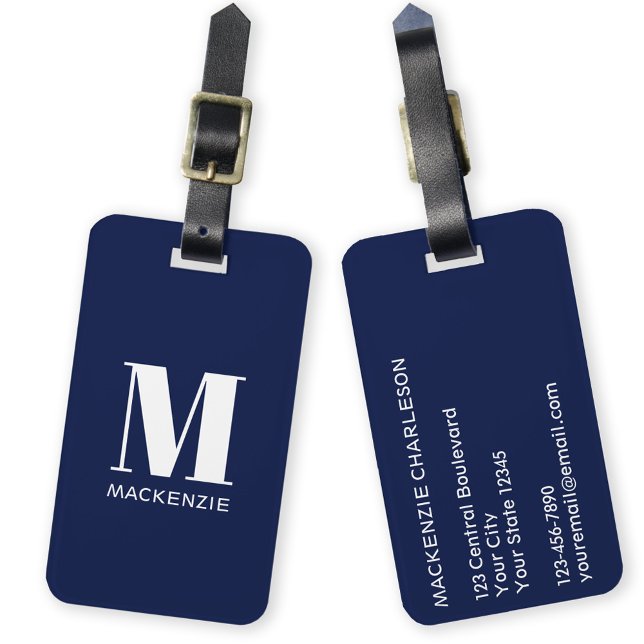 Monogram Initial Name Simple Navy Blue Luggage Tag (Monogram initial custom name modern personalized minimalist luggage tag)