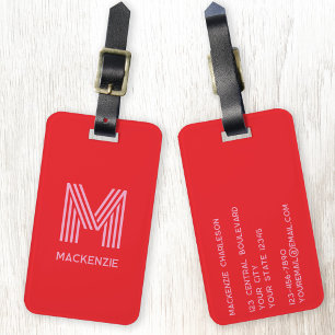 Monogram Initial Name Simple Pink and Red Luggage Tag