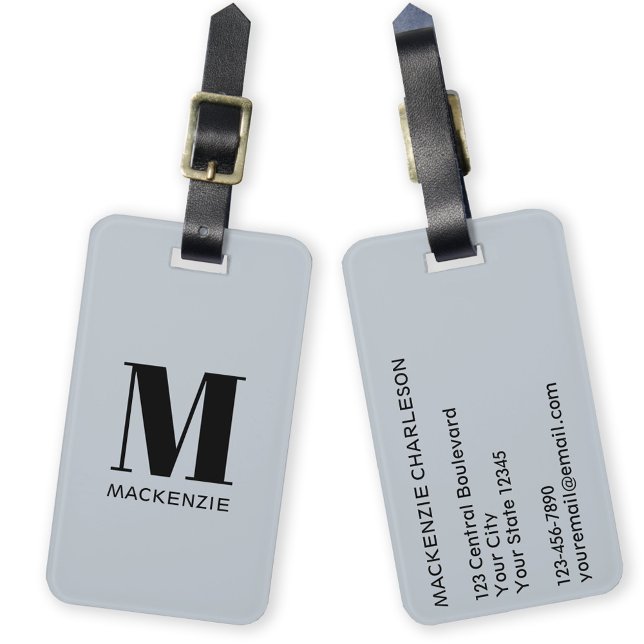 Monogram Initial Name Simple Powder Blue Luggage Tag (Monogram initial custom name modern personalized minimalist luggage tag)
