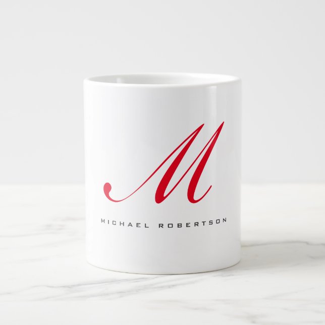 Monogram Initial Name White Red Unique Minimalist Large Coffee Mug (Front)