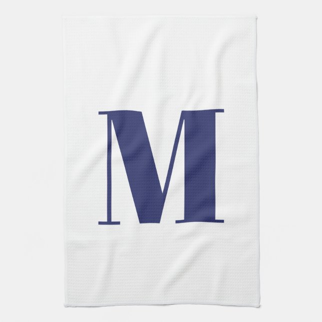 Monogram initial navy blue white modern elegant tea towel (Vertical)