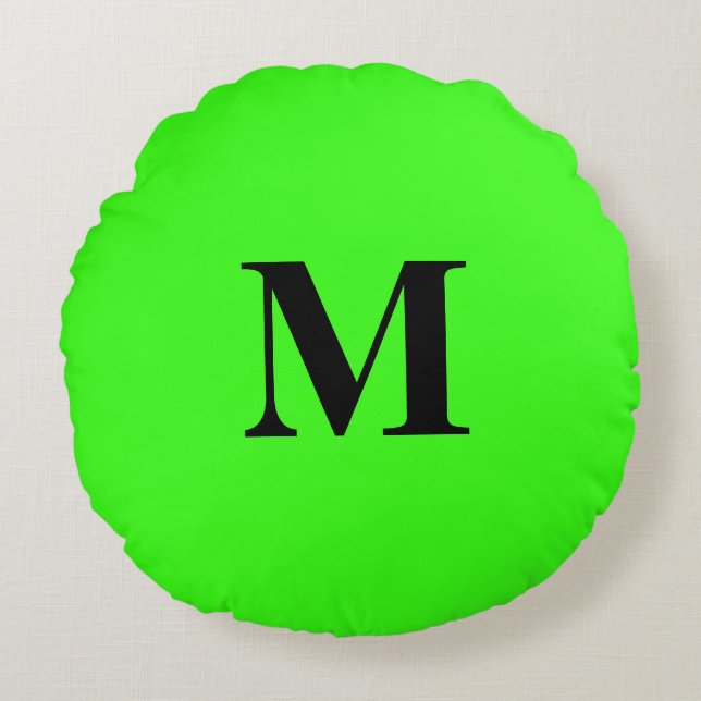 Monogram Initial Neon Green Colourful Bright Gift  Round Cushion (Front)