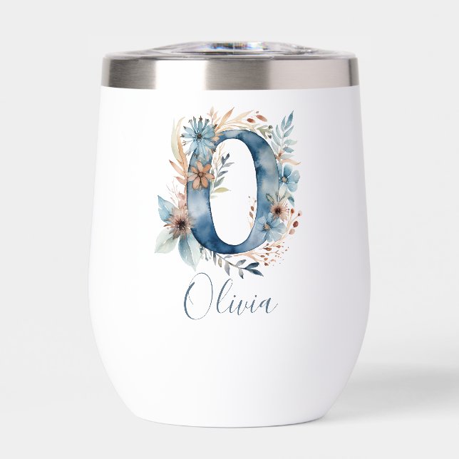 Monogram Initial O Blue Floral Watercolor Gift Her (Front)