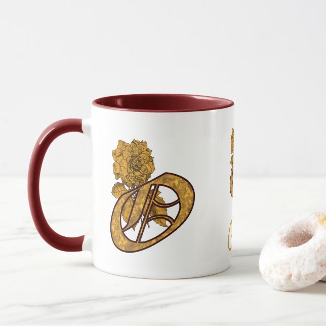 Monogram Initial O Gold Peony Personalised Mug (With Donut)