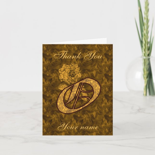 Monogram Initial O Gold Satin Peony Personalised Thank You Card (Front)