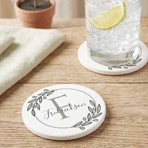 Monogram Initial Olive Wreath Nordic Minimalist Coaster