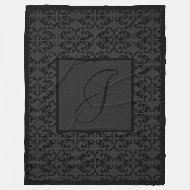 Monogram Initial on Black Damask  Fleece Blanket (Front)