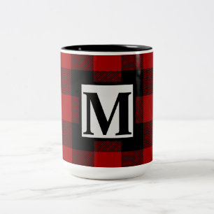 Monogram Initial on Red and Black Buffalo Plaid Two-Tone Coffee Mug