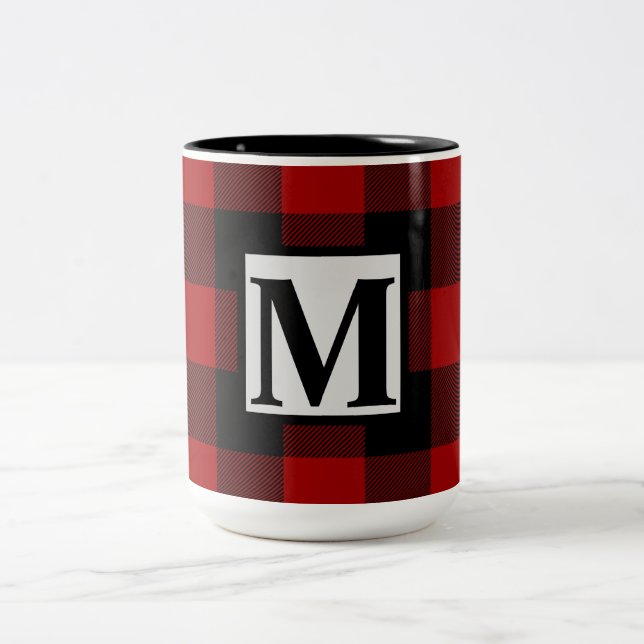 Monogram Initial on Red and Black Buffalo Plaid Two-Tone Coffee Mug (Center)