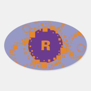 Monogram Initial Orange Purple Circle Squares Art Oval Sticker