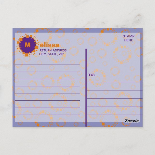 Monogram Initial Orange Purple Squares Circles  Postcard (Back)