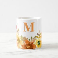 Monogram Initial Orange Watercolor Floral Fall