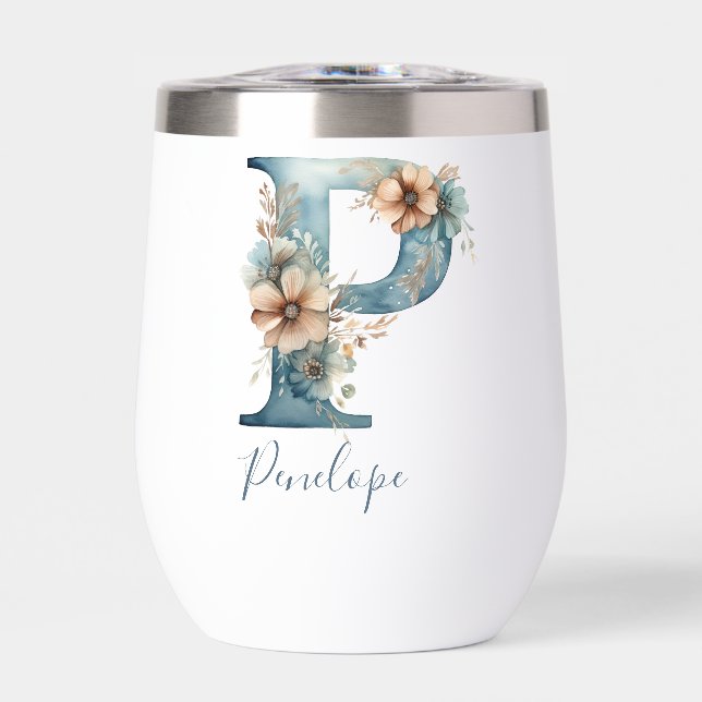 Monogram Initial P Blue Floral Watercolor Gift Her (Front)