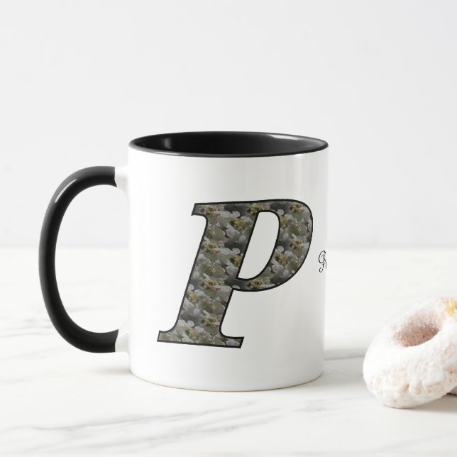 Monogram Initial P Hydrangea Flowers Personalised Mug (With Donut)