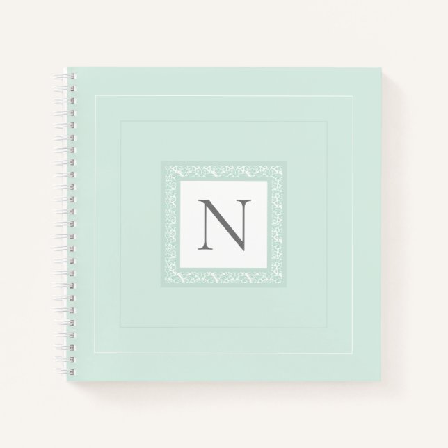 Monogram Initial Pastel Green Damask Notebook (Front)