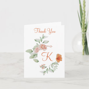 Monogram Initial Peach Green Floral Thank you Note Card