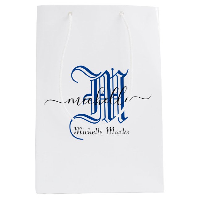 monogram initial personalised business name blue medium gift bag (Front)