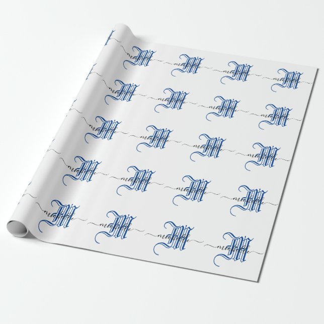 monogram initial personalised business name blue wrapping paper (Unrolled)