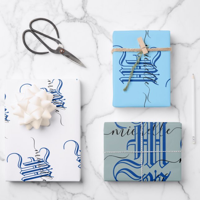 monogram initial personalised business name blue wrapping paper sheet (Front)