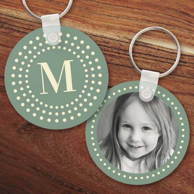 Monogram initial photo retro radial dot sage green key ring (Creator Uploaded)