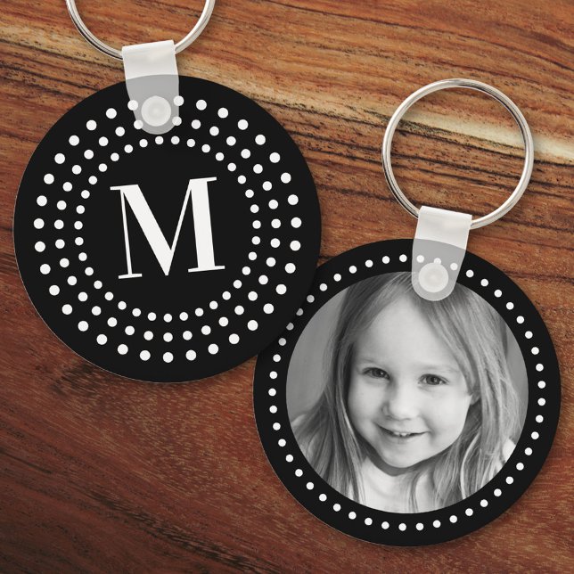 Monogram initial photo retro radial dots black key ring (Creator Uploaded)