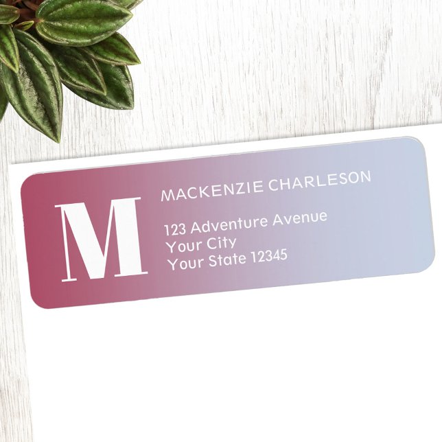 Monogram Initial Pink Blue Gradient Return Address (Modern monogram initial name pink blue gradient personalized return address labels)