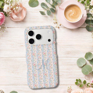 Monogram Initial Pink Blue Stripe Floral Rose