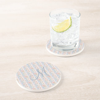 Monogram Initial Pink Blue Striped Floral Roses  Coaster