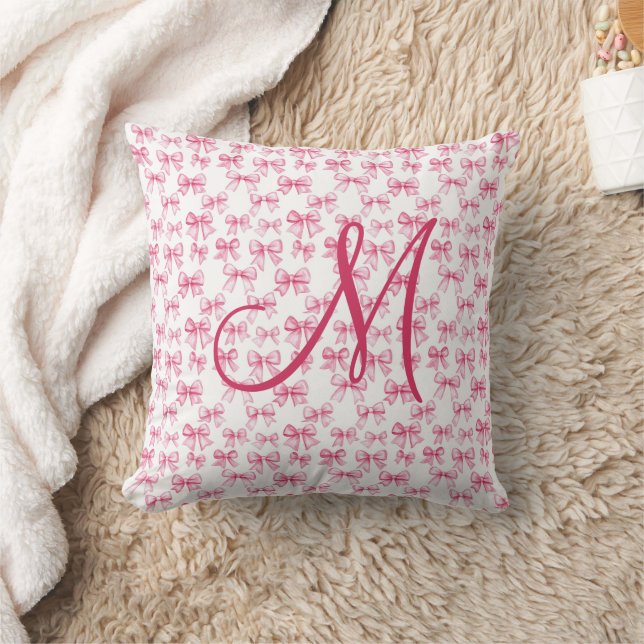 Monogram Initial Pink Bow Coquette Aesthetic Girls Cushion (Blanket)