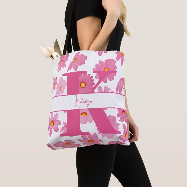 Monogram Initial Pink Daisies Watercolor Flowers Tote Bag (Close Up)